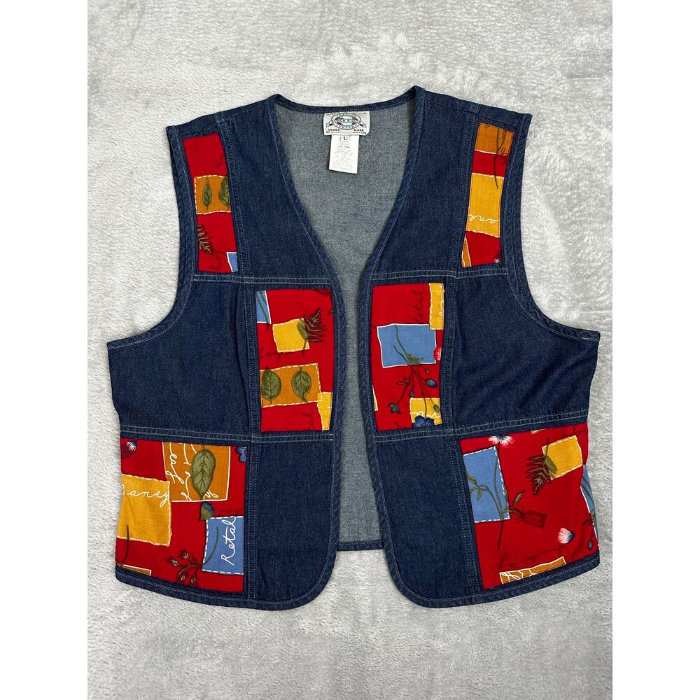 Vintage 90s River Ridge Patchwork Denim Vest Size Large Botanical Earthy Boho